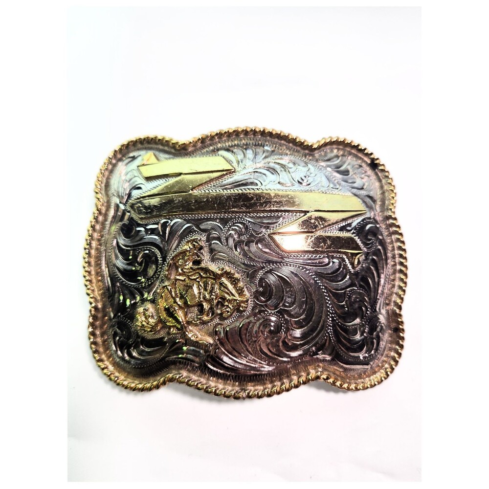 Vintage Western Engraved Belt Buckle Gold-Tone Rearing Horse Scrollwork